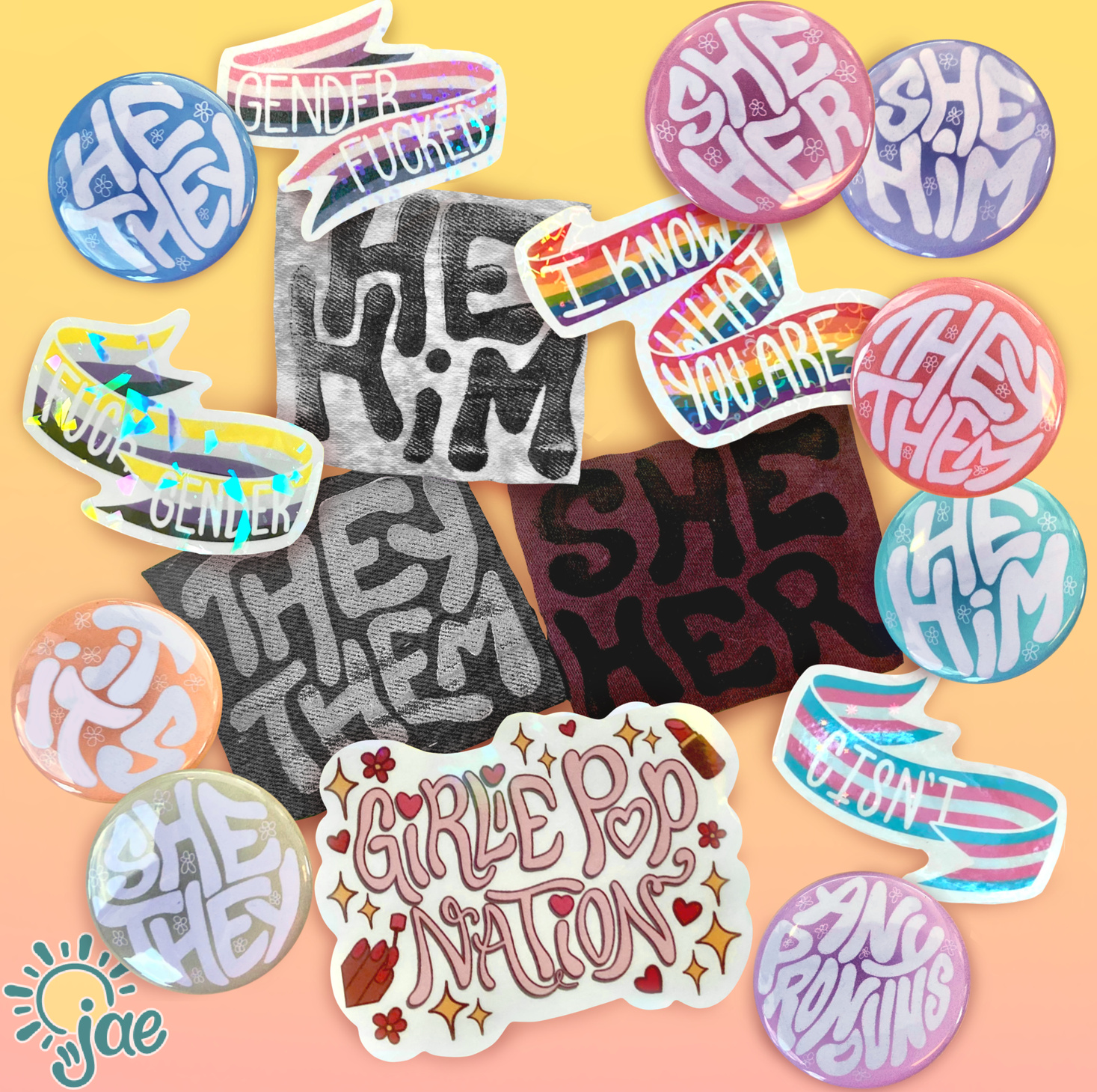 Pronoun Buttons, Pronoun Patches, Pride Stickers